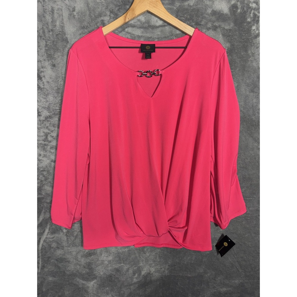 JM Collection Womens XL Pink Twist Front V Neck Blouse Chain Detail 3/4 Sleeve